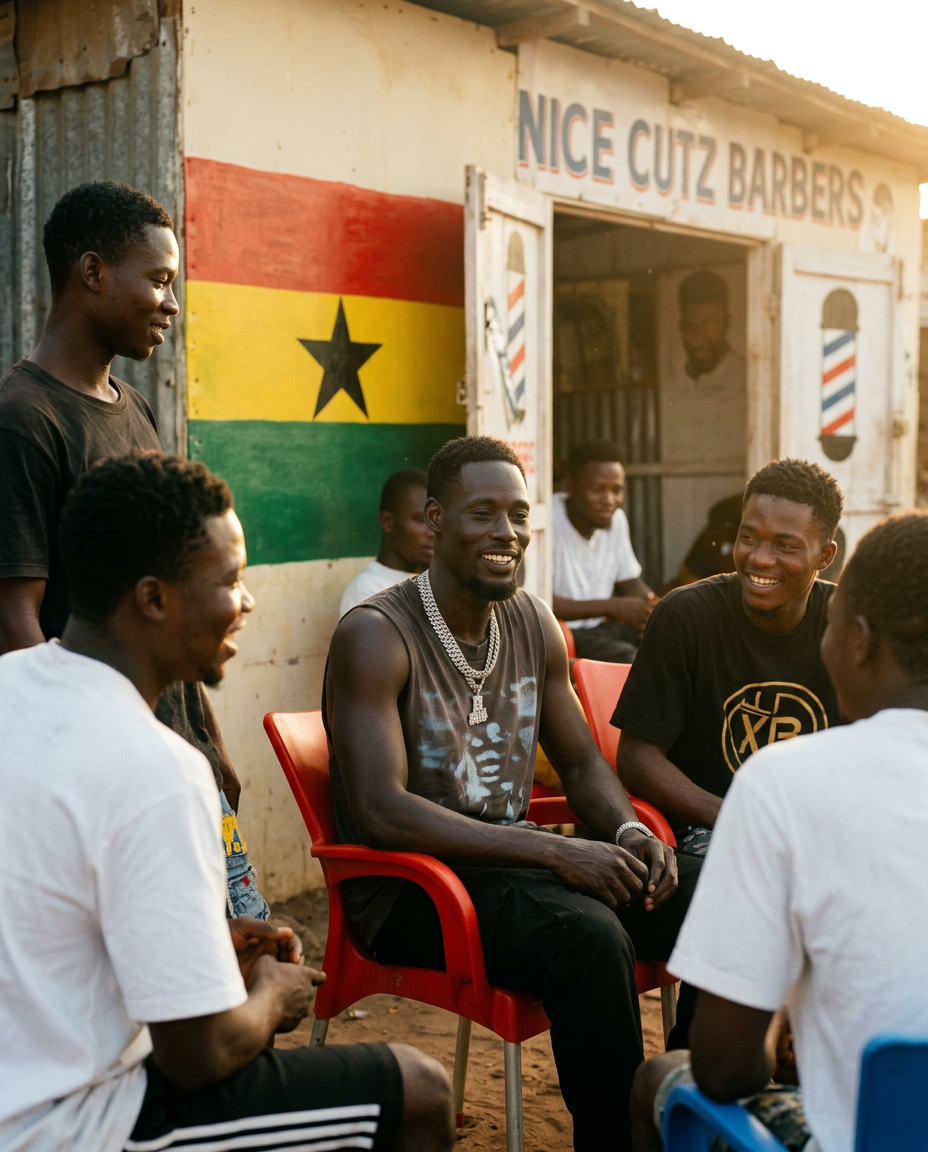 D.King sitting outside a tin shack barbershop with young men in Accra
