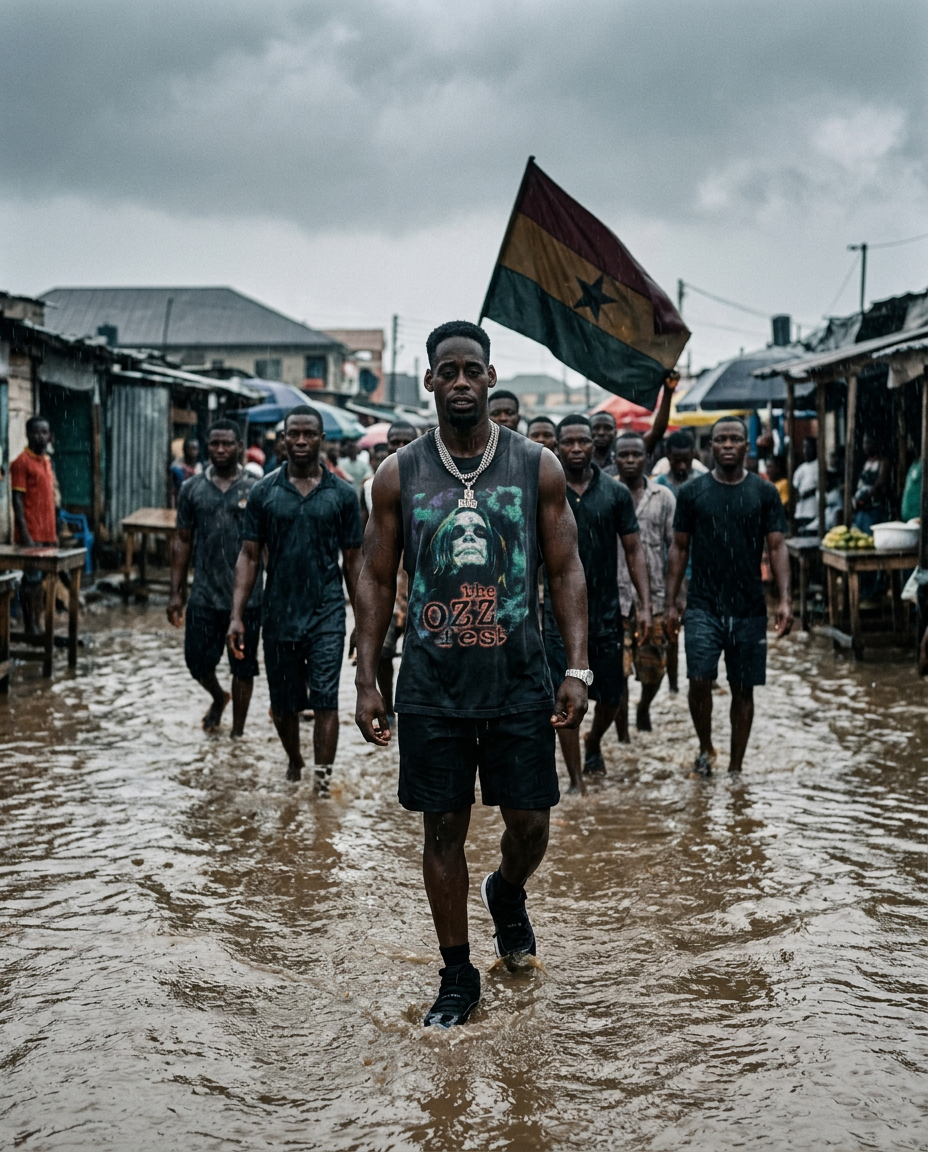 D.King walking through a rain-soaked flooded slum street