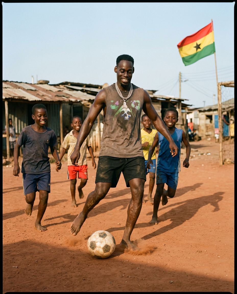 D.King playing football barefoot with kids on a red dirt pitch