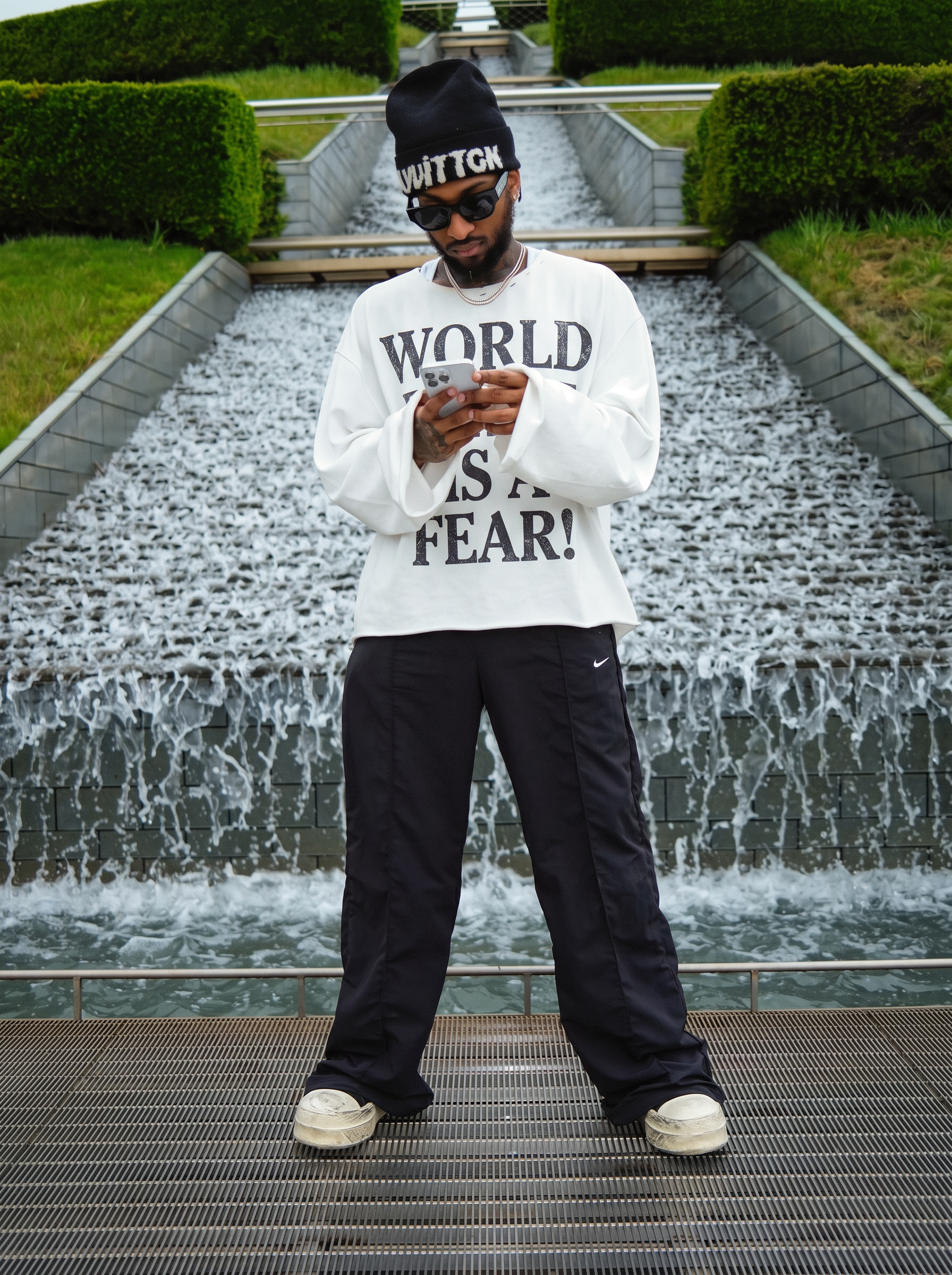 Model in WPIAF logo longsleeve at a fountain