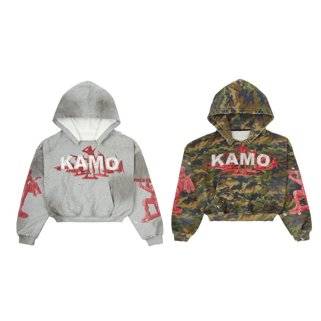 KAMO cropped hoodies in heather grey and woodland camo