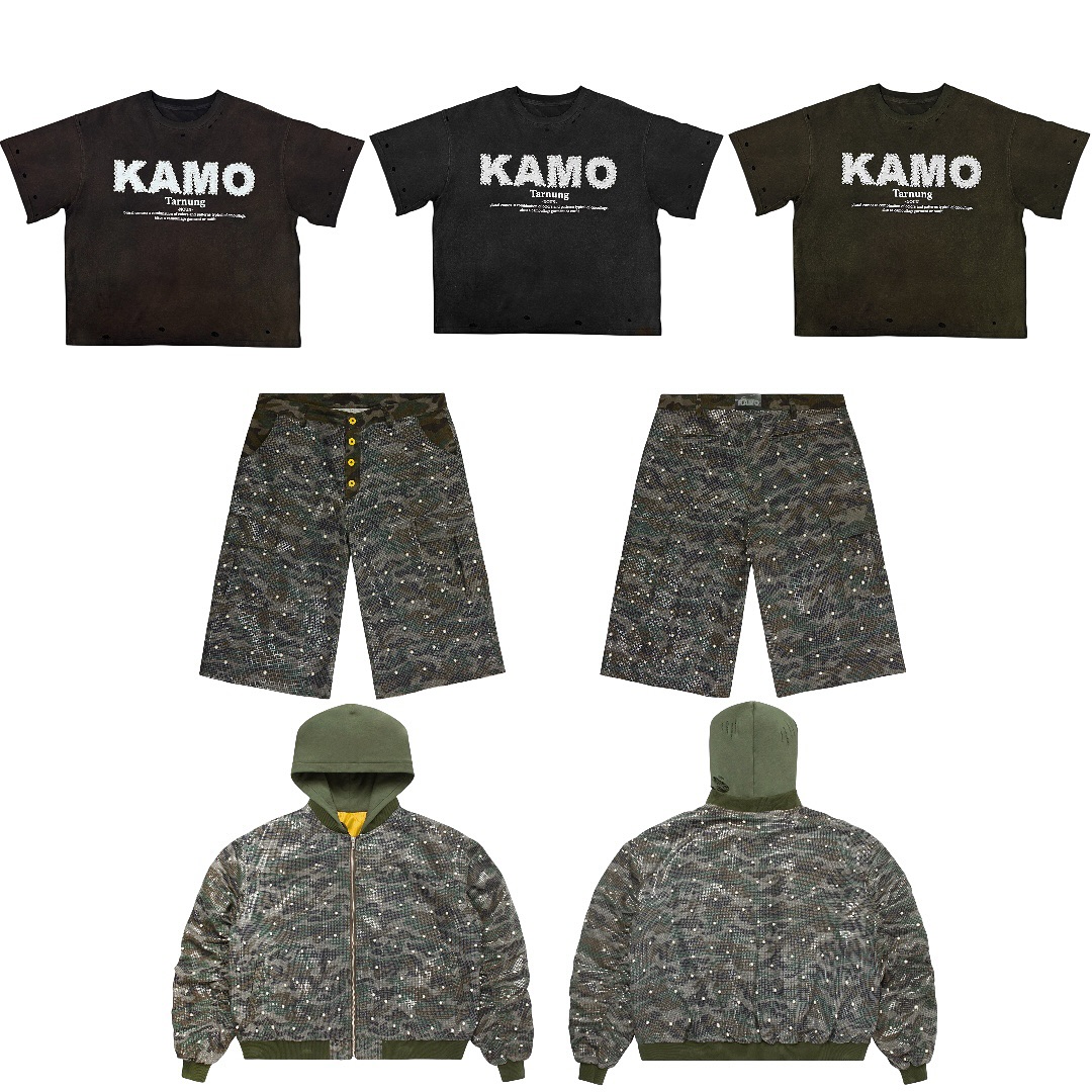KAMO product line-up of tees, shorts and bomber