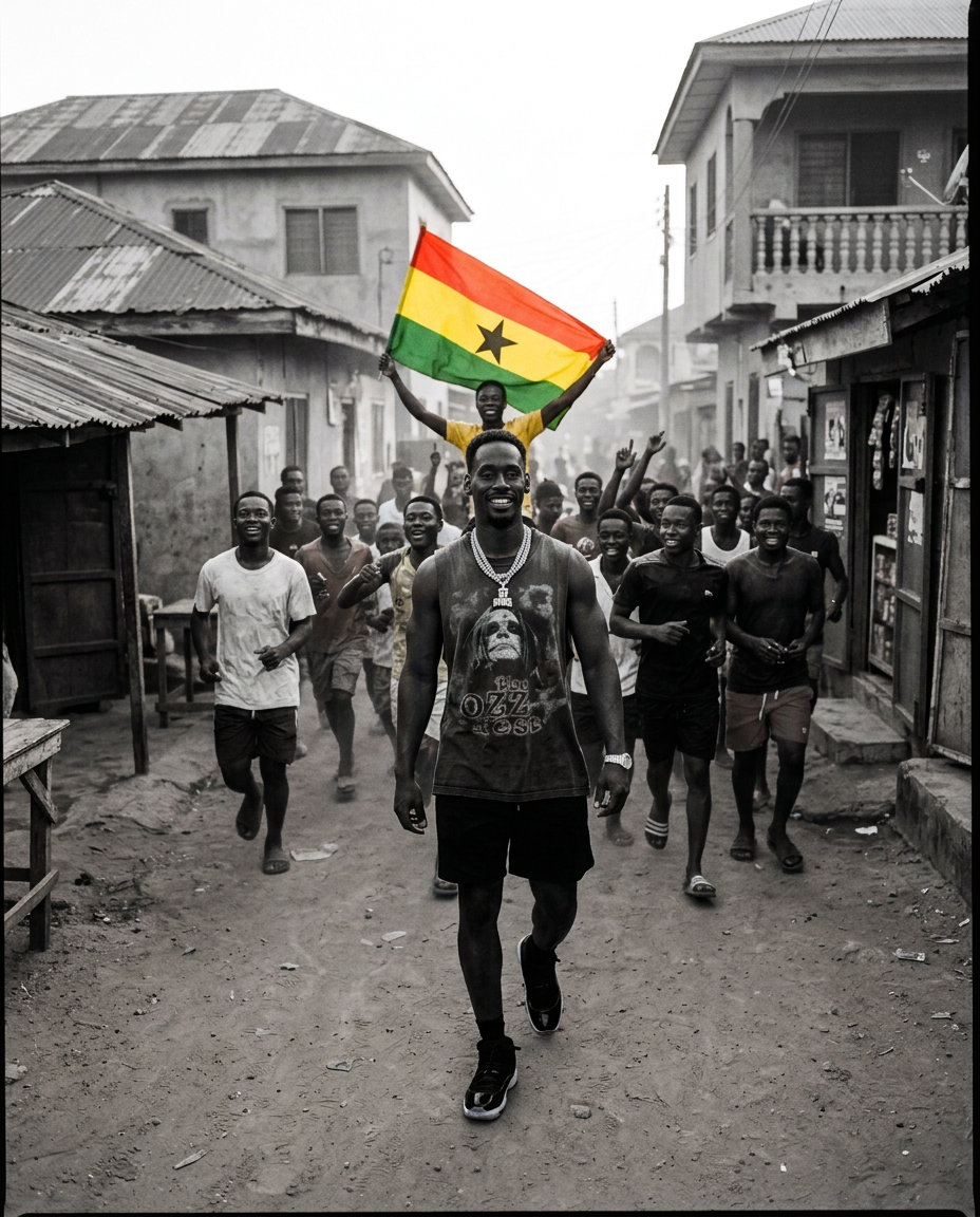 D.King walking a dusty alley of tin shacks with a crowd and a Ghana flag behind him