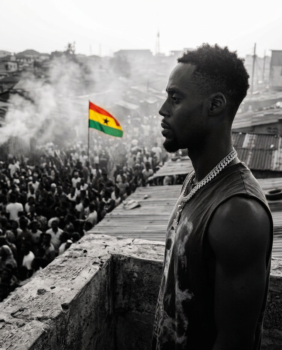 D.King moving down a red dirt road with a crowd carrying a Ghana flag behind
