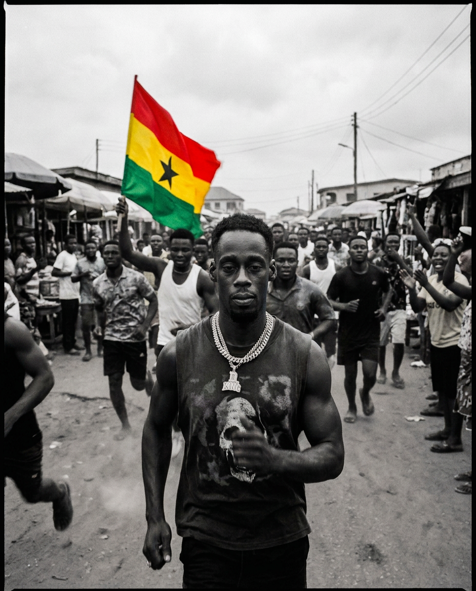 D.King on a slum rooftop above a packed street and a Ghana flag