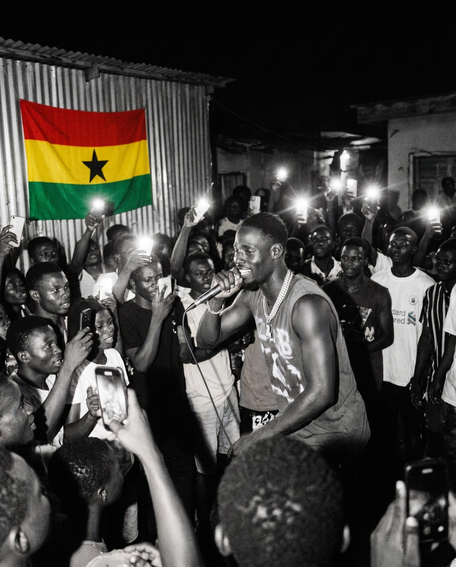 Close portrait of D.King with a Ghana flag and crowd behind him