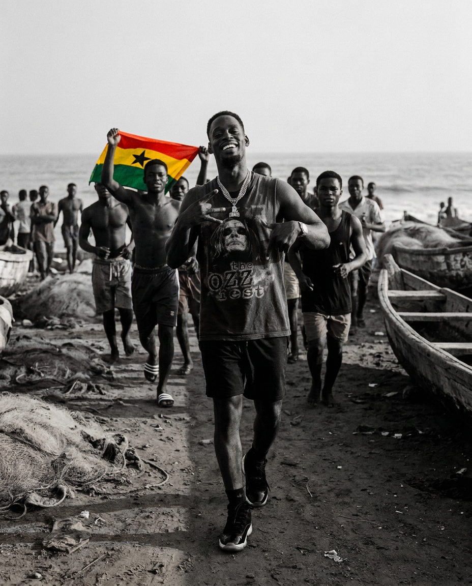 D.King greeting children in a slum courtyard beneath a Ghana flag