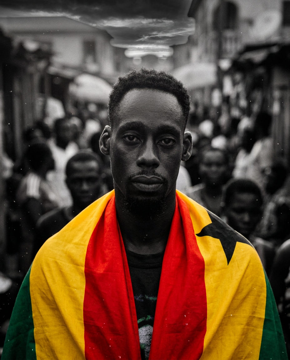 Tight portrait of D.King at golden hour with a Ghana flag in dust haze
