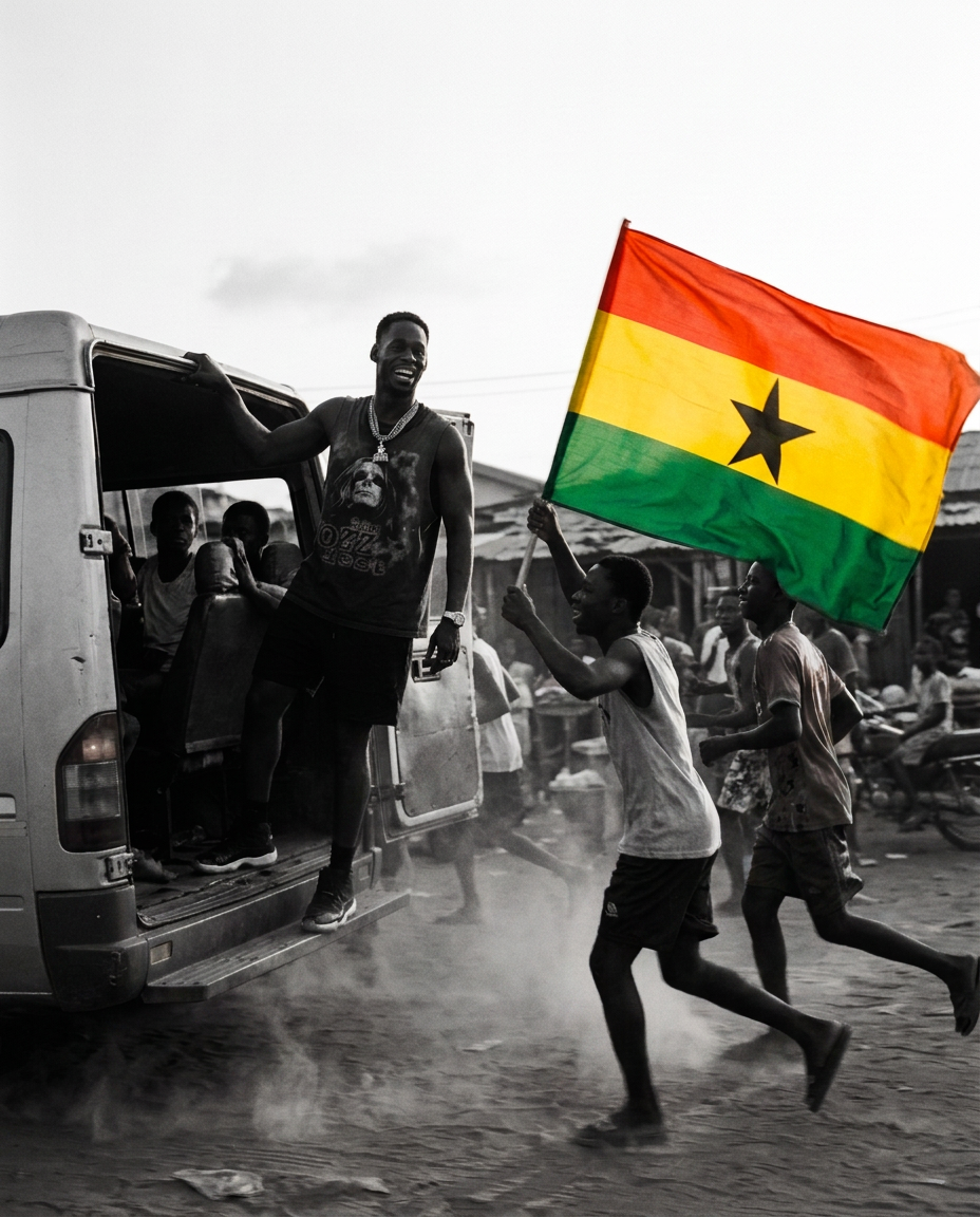 D.King standing on a moving tro-tro van as a crowd runs alongside with a Ghana flag