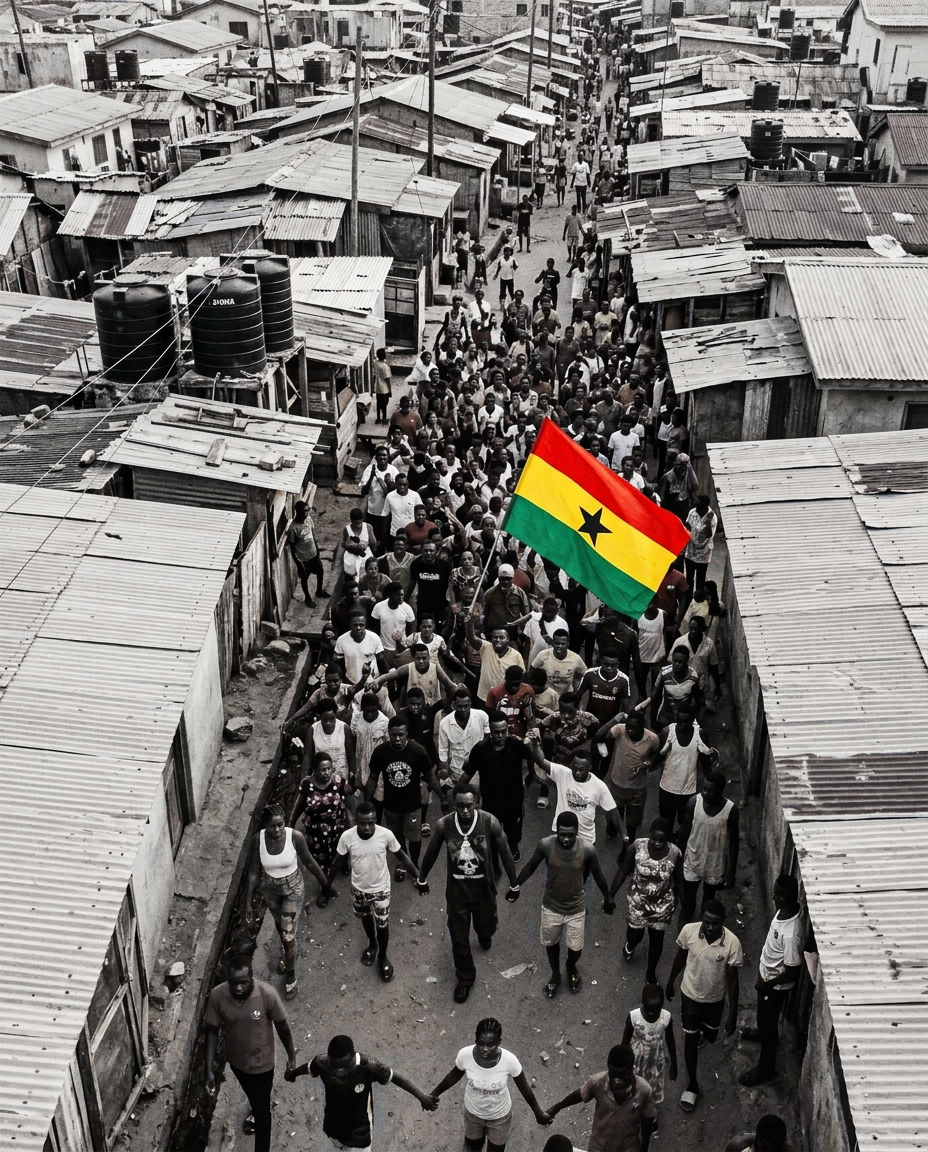 Overhead view of D.King leading a huge crowd carrying a Ghana flag through a shanty town