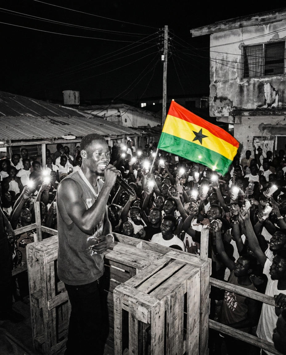 D.King performing on wooden crates to a night crowd of phone lights and a Ghana flag