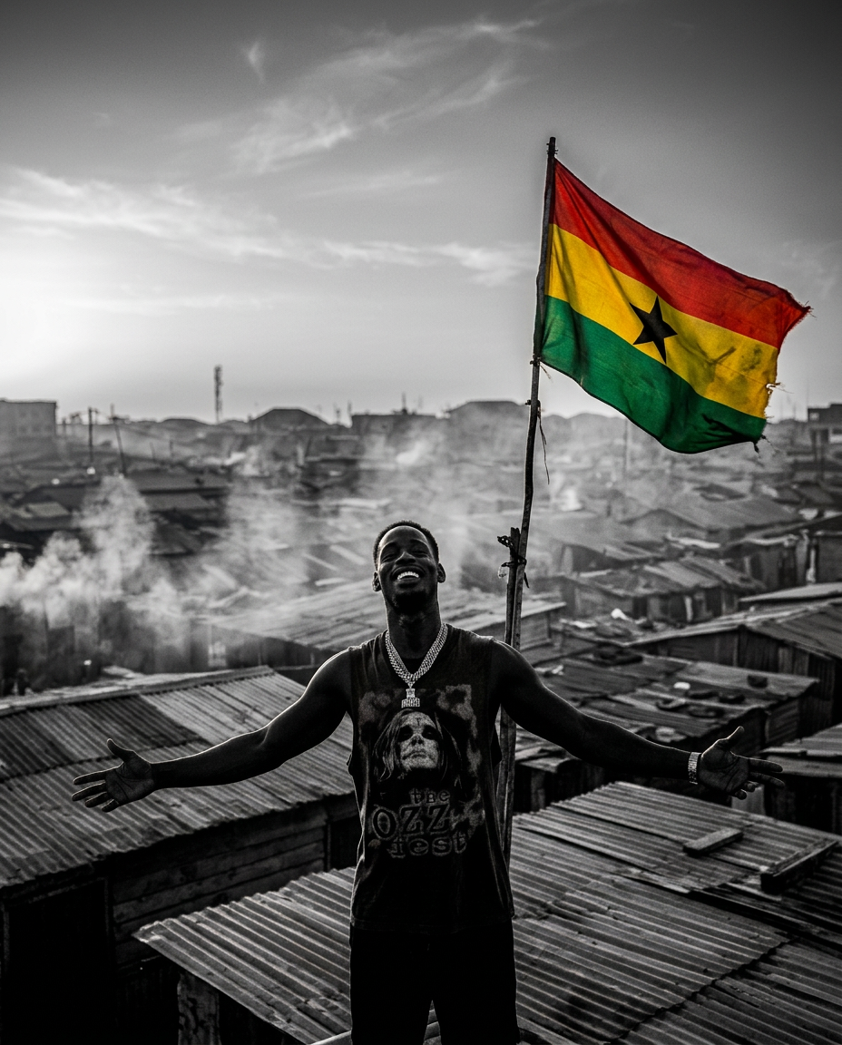 D.King on a shack roof at dawn over the Old Fadama slum with a Ghana flag