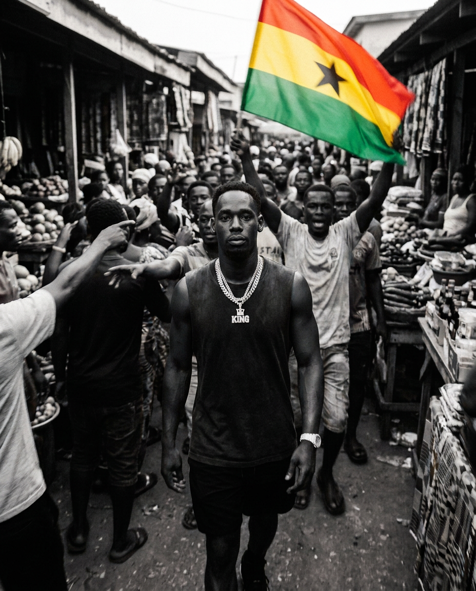 D.King walking through a dense Accra market crowd with a Ghana flag behind him