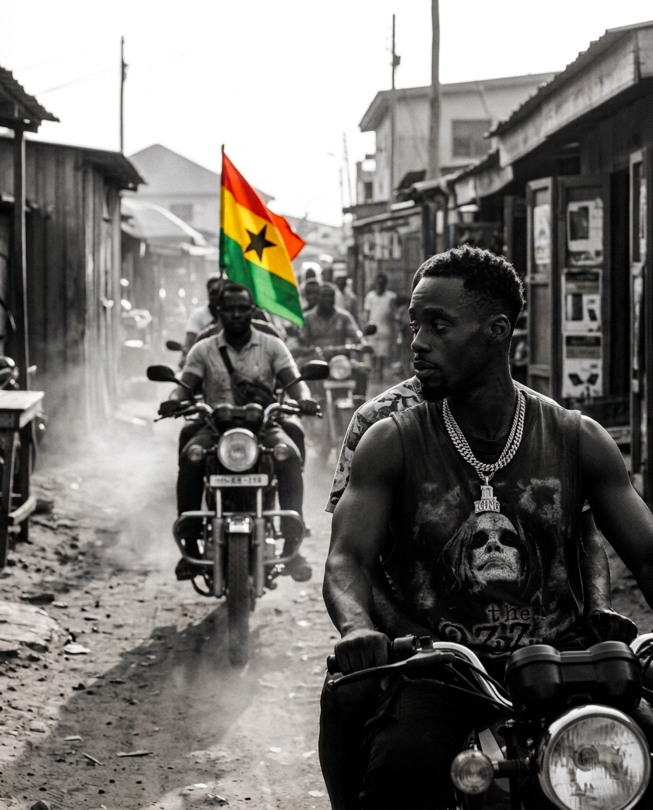 D.King on the back of a motorbike leading a convoy with a Ghana flag flying