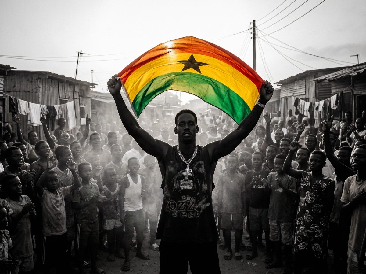 D.King holding a giant Ghana flag over a crowd at sunset