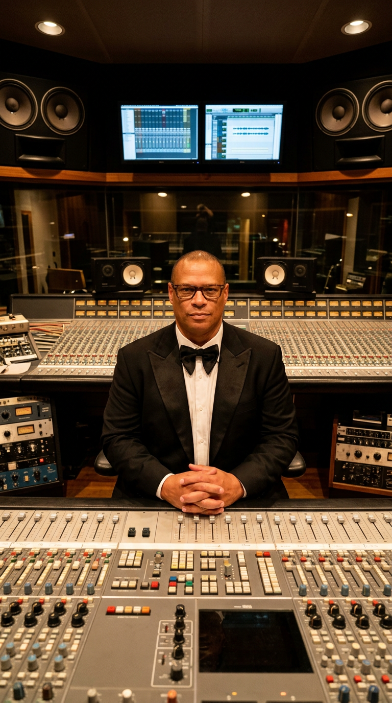 Lew Tucker at the recording studio mixing console