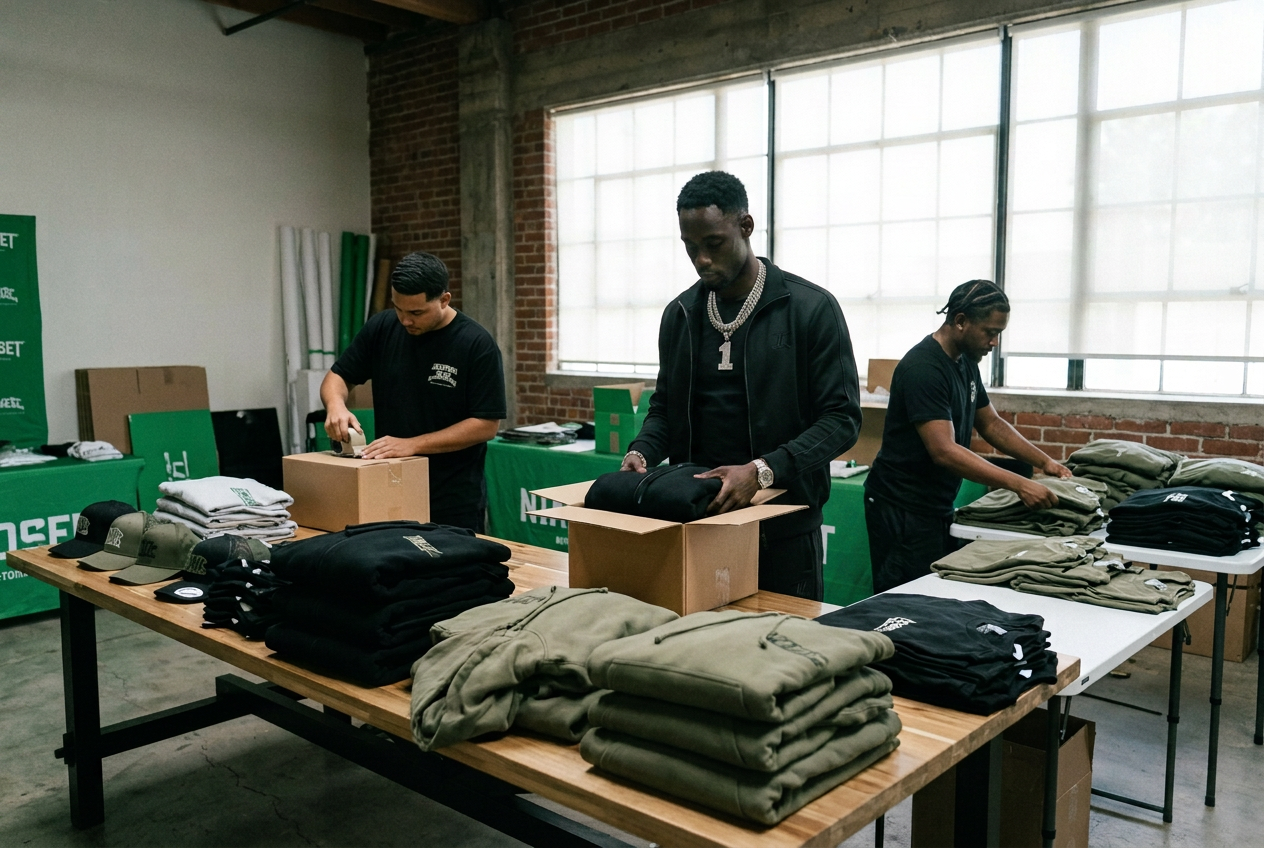 D.King packing a merchandise drop with his team in the warehouse studio