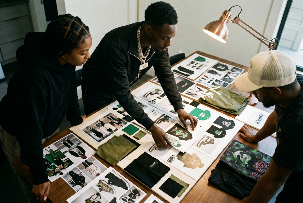 Hands arranging mood boards, fabric swatches and merch samples
